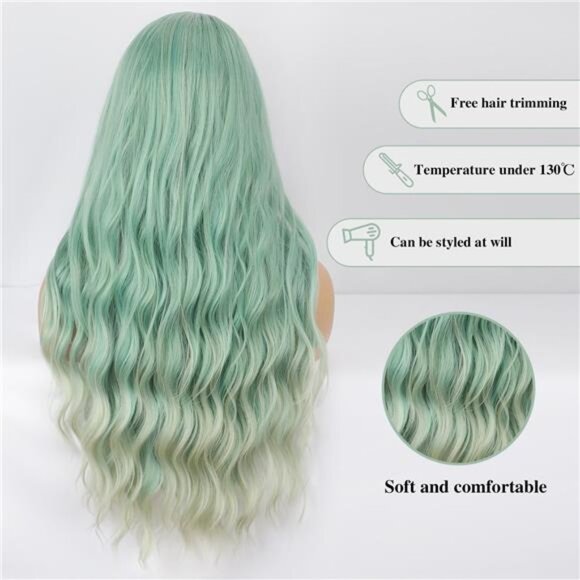 Green Wig Long Wavy Wig For Women Middle Part Wavy Wigs Synthetic Heat Resistant - Picture 5 of 6
